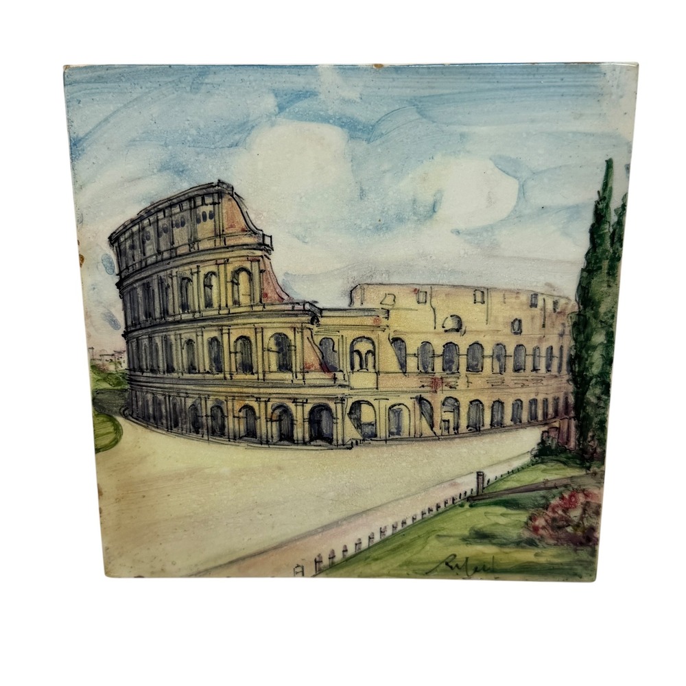 Vintage Faience Italy Hand Painted Ceramic Tile Roma Colosseo 6x6 Rome Colosseum